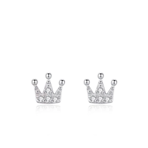 Sparkling S925 sterling silver crown stud earrings with clear zirconia stones on white background