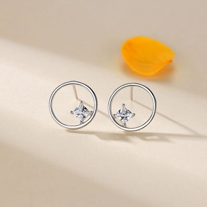 Elegant S925 sterling silver hollow circle stud earrings with square-cut cubic zirconia