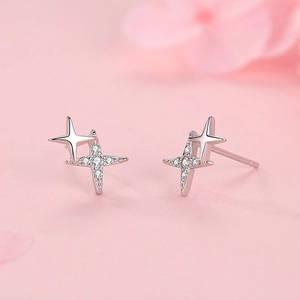 S925 sterling silver double four-pointed star stud earrings with pavé set zircons