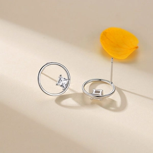 S925 sterling silver geometric hollow circle earrings with square cubic zirconia stone