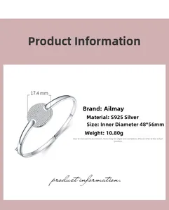 Detail view of S925 sterling silver bangle with 17.4mm pave-set diamond disk and dimensions