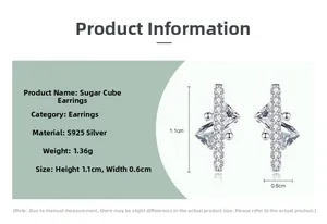 Detailed size specifications for S925 silver sugar cube earrings with clear zircons