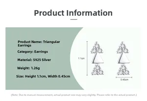 Macro view of S925 silver triangle stud earrings with dimensions 1.1cm by 0.45cm