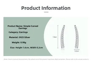 Detail of S925 silver curved stud earrings with dimensions 1.6cm x 0.2cm and zircon inlay