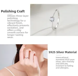 Détail de la bague en argent S925 avec zircon carré et vue portée par un mannequin
