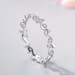 S925 sterling silver vine leaf ring with micro-pave zirconia crystals in high polish