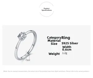 Spécifications de la bague en argent 925 avec zircon carré et poinçon d'authenticité