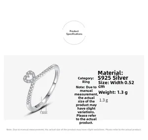 Detail view of 925 sterling silver heart ring showing 0.52cm width and micro-pavé diamonds