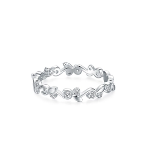 S925 sterling silver vine leaf ring with micropave zircon stones on white background