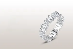 Macro detail of S925 sterling silver ring with baguette-cut stones and S925 hallmark