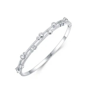 925 Sterling Silver Asymmetric Zirconia Bangle For Women Double Layer Shine Rhinestone Open Bracelet Fashion Jewelry Gift