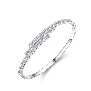 925 Sterling Silver Bangle For Women Rhinestone Geometric Line Open Cuff Bracelet White Gold Plated Luxury Jewelry Gift