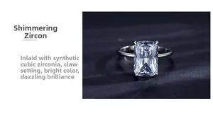 Macro shot of rectangular cubic zirconia set in claw-style silver-toned ring mounting