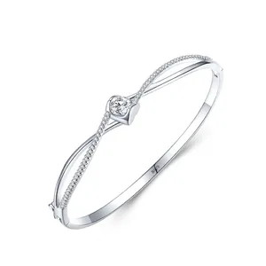 Bracciale Aperto a Cuore in Argento Sterling S925 Donna Design Intrecciato Cavo Con Strass Intarsiati Gioielli di Lusso