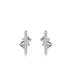 Luxury 925 Sterling Silver Geometric Sugar Cube Stud Earrings For Women Shiny Zirconia Micro Pave Modern Fashion Jewelry Accessory