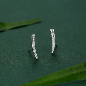 Elegant S925 sterling silver curved bar stud earrings with sparkling pave zircon stones