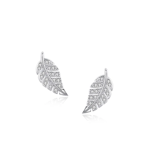 S925 sterling silver leaf stud earrings with sparkling cubic zirconia on white background
