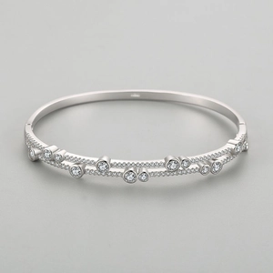 S925 sterling silver double layer bangle with round pavé cubic zirconia accents