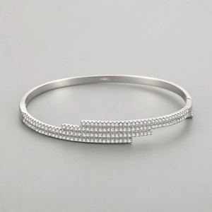 S925 sterling silver triple-row diamond cuff bracelet with elegant hinged safety clasp