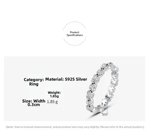 Détail de la bague éternité de 3mm en argent sterling S925 sertie de zircons carrés