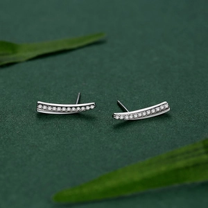 Elegant s925 silver curved bar stud earrings with shimmering micro-pave crystals