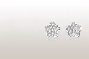 Macro detail of S925 sterling silver flower stud earrings with sparkling zircon inlay