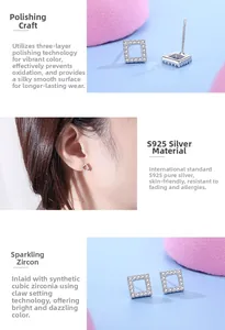 Detailed view of S925 sterling silver square hollow earrings with cubic zirconia stones