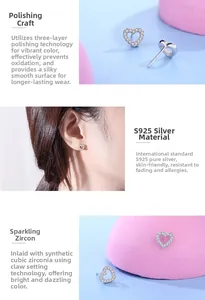 Detailed view of S925 sterling silver heart earrings with zirconia and model worn view