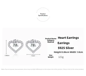 Dimensions détaillées des boucles d'oreilles cœur en argent S925 avec cristaux clairs