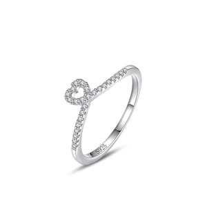 Minimalist S925 sterling silver V-shaped ring with micro-paved sparkling heart motif