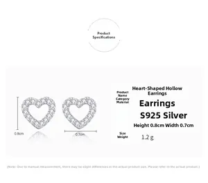 Detailed dimensions of S925 silver heart-shaped hollow stud earrings with tiny diamonds