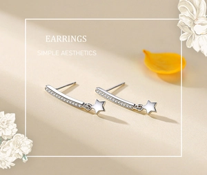 Detail of s925 silver star earrings featuring sparkling zircon row and polished finish