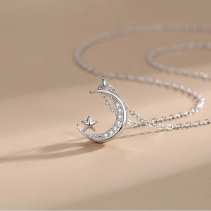 Collier minimaliste en argent sterling s925 avec pendentif lune et étoile en pavé