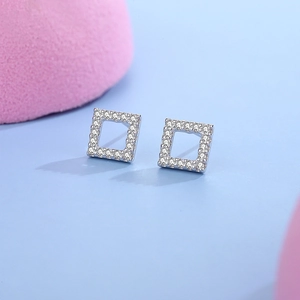 Sparkling S925 sterling silver square hollow stud earrings with micro-pave cubic zirconia