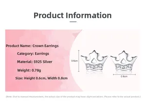 Detail view of S925 sterling silver crown studs showing 0.6cm by 0.8cm dimensions
