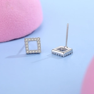 Elegant S925 sterling silver square hollow stud earrings with micro-pave white zircons