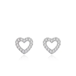 925 Sterling Silver Hollow Heart Stud Earrings Sweet Rhinestone Pave Heart Shaped Jewelry For Women Silver Small Earrings
