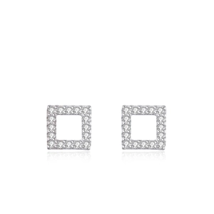 Elegant S925 sterling silver hollow square stud earrings with pavé set crystals