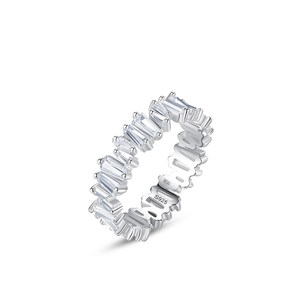 S925 sterling silver ring with irregular baguette cubic zirconia stones on white background