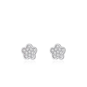 S925 sterling silver flower stud earrings with sparkling cubic zirconia on white background