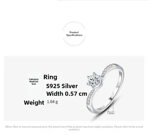 Details van S925 zilveren kroonring met zes-klauw zirkonia en exacte afmetingen