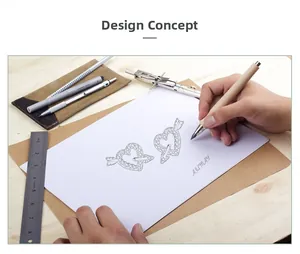 Detailed hand-drawn design sketch of heart-shaped Cupid arrow earrings with drafting tools
