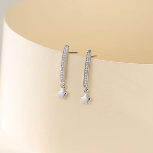 Minimalist S925 sterling silver star drop earrings with sparkling zircon stones