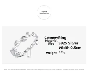 Detailed close-up of S925 sterling silver leaf ring showing dimensions and weight