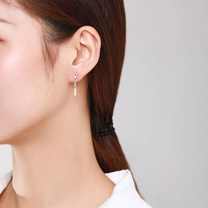 S925 silver drop earrings with geometric circle and vertical micro-set crystal bars