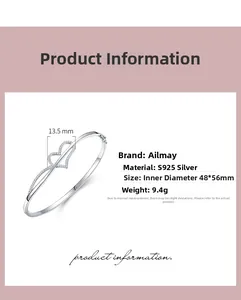 Macro detail of S925 sterling silver heart bangle showing 13.5mm width and 48*56mm inner diameter