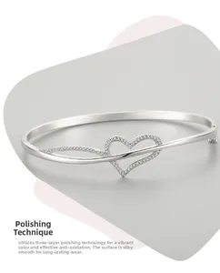 Detail of s925 silver heart bracelet with triple-layer polishing and inlaid zircons