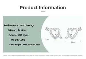 Detailed S925 silver heart earrings specification with Cupid's arrow and micro-inlay zircon