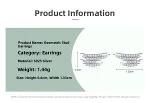 Detailed specs of s925 silver geometric earrings with zircons measuring 0.6x1.33cm