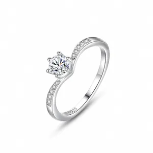 S925 Sterling Zilver Kroon Zes-Klauw Zirkonia Ring Voor Vrouwen Elegante Ronde Slijpvorm Gesimuleerde Diamant Mode Sieraden